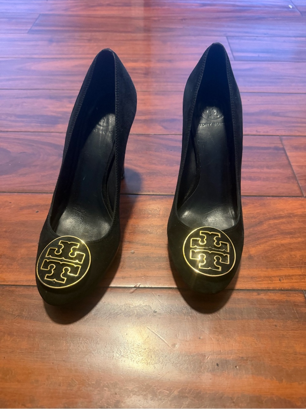 Tory Burch Black Suede Heels with Gold Logo Medallions‎ sizes 8